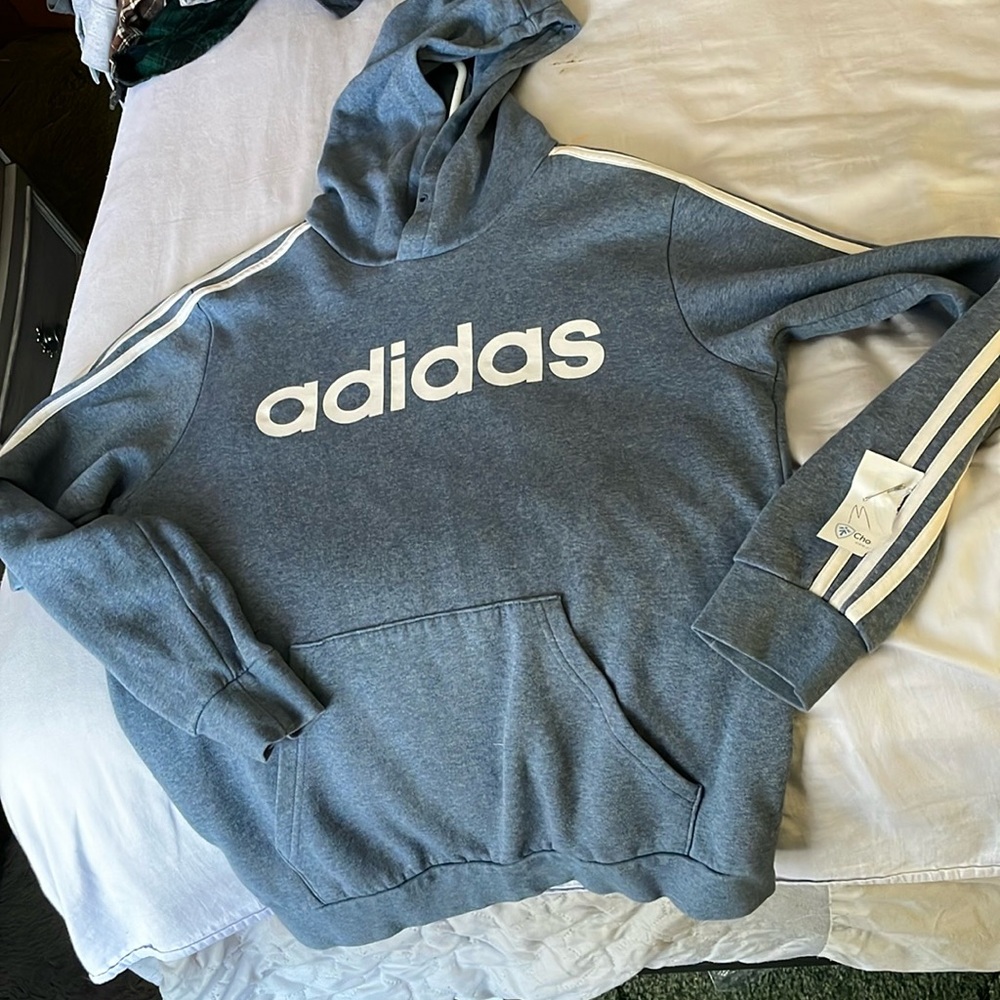 Adidas Medium Hoodie Blue with White Stripes on Sleeves